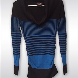 Cowl neck black and teal strip lightweight sweater